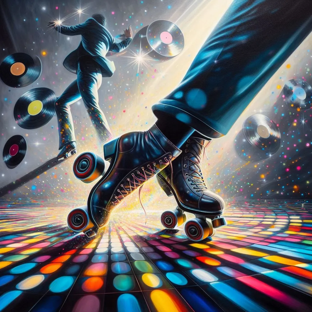 Prompt: Unified art piece on canvas: Close-up of a man with shoes that morph into roller skates, leaving a trail of colorful sparkles as he dances on a disco ball floor, illuminated by the shadows of giant vinyl records that float in the background, adding to the groovy atmosphere.