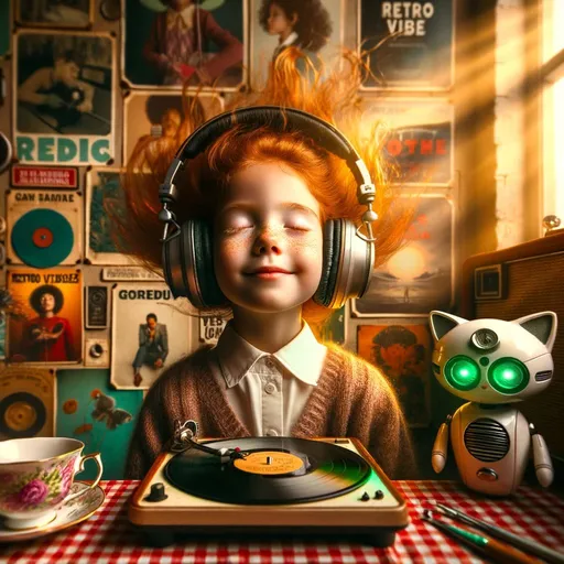 Prompt: A photograph of a child, eyes closed, enjoying music from vintage headphones. Her brown eyes are hidden, but her face shows serene joy. Her tan skin contrasts with her vibrant red hair, which dances as she sways. Beside her, a retro music player spins a vinyl record, and a robotic cat with green glowing eyes seems to tap its foot to the beat. The background reveals music posters and a teacup labeled 'Retro Vibes'. Golden hour light streams in, bringing warmth to a room filled with nostalgic elements combined with a touch of the future.