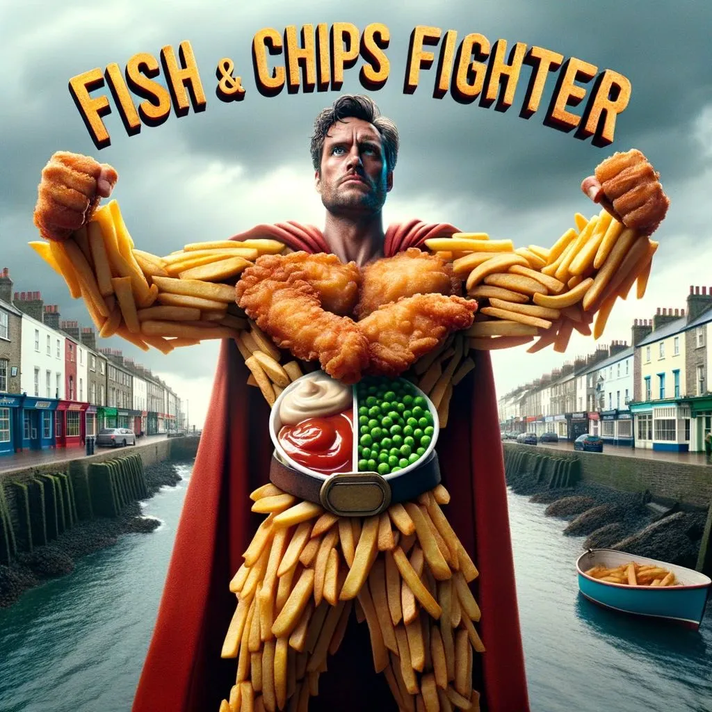 Prompt: A cinematic still of a commercial advertisement for the "Fish & Chips Fighter", a hero constructed from crispy battered fish and golden fries. Set against a coastal British town, he exudes a maritime spirit. Crunchy fish fillets craft his torso, and thick-cut fries form his limbs. Tartar sauce and peas give life to his facial expressions and body nuances. The name "Fish & Chips Fighter" is proudly displayed above in a classic, seaside font.