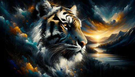 Prompt: Close-up view set against a dark, moody background with vibrant splashes of deep blue and gold, showcasing a powerful tiger in full detail. Realistic detailing on the tiger contrasts with the abstract, painterly backdrop, enhanced by distant mountains and a luminous sunrise, combining hyper-realism with atmospheric expressionism.