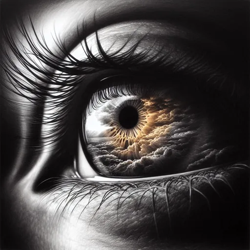 Prompt: Photorealistic black and white ink art of an yellowish eye gazing at distant, beautiful storm in backdrop. The intricate details of the yellowish iris and eyelashes are depicted with intense realism, drawing the viewer into the depth of the eye.
