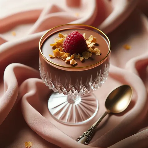 Prompt: A photograph of a rich chocolate mousse, topped with golden edible flakes and a fresh raspberry, in a delicate crystal glass. The background is a soft pink fabric, creating a luxurious contrast. A silver spoon rests beside the glass. Taken on: Mirrorless camera, portrait photography, using a 35mm lens with a shallow depth of field.