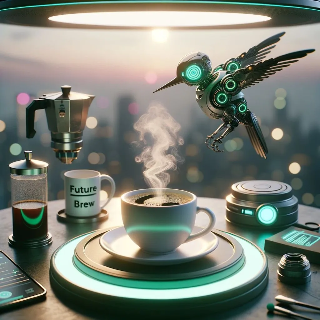 Prompt: A photograph of a steaming cup of coffee on a floating platform. The aromatic brew looks inviting, and steam rises in intricate patterns. To its side, a robotic hummingbird with emerald glowing eyes hovers, seemingly intrigued by the beverage. High-tech instruments, a digital notepad, and a saucer labeled 'Future Brew' add to the ambiance. Overhead lights provide a radiant glow, while the distant background hints at a city skyline at dawn.