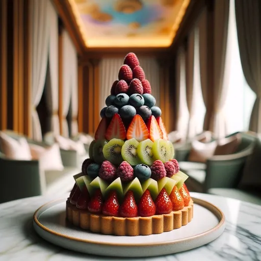 Prompt: A photograph of a fruit tart pyramid on a ceramic plate. Layers of kiwi, strawberries, blueberries, and raspberry form a stepwise structure. The background softly hints at the elegant drapery and wooden panels of a high-end patisserie, but the tart remains in sharp focus. Architectural food photography