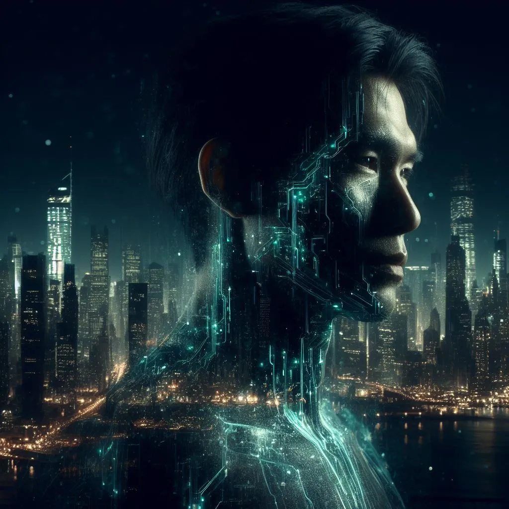 Prompt: Cinematic portrayal in a dusky ambiance: Present a man's full figure, partially composed of damp vellum fragments, set against the awe-inspiring backdrop of a distant alien metropolis. These fragments, drifting away, unveil glowing teal patterns across his visage, upper body, and legs. The city's shimmering lights define his face, body, and legs, enveloping him in a captivating aura.