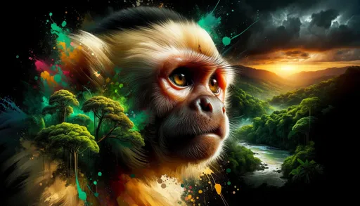 Prompt: Close-up perspective against a dark, moody background with vibrant and saturated splashes of lush green and golden hues, highlighting the features of an inquisitive capuchin. Realistic detailing on the capuchin contrasts with the abstract, painterly backdrop, enhanced by distant tropical rainforests and a glowing sunset, combining hyper-realism with atmospheric expressionism.