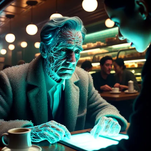 Prompt: Close-up cinematic representation in a cafe setting: Amidst the cozy ambiance of a cafe, the same man, formed of damp vellum fragments, sits at a table looking perplexed by the menu in front of him. The teal patterns glow softly on his face and upper body. Nearby patrons, noticing his confusion, share glances of understanding and curiosity. A barista approaches, offering assistance with a gentle smile, highlighting the central theme of human connection and empathy in unfamiliar surroundings.