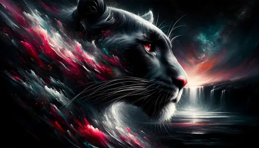 Prompt: Close-up perspective against a dark, moody background with vibrant splashes of crimson and silver, highlighting the features of a majestic panther. Realistic detailing on the panther contrasts with the abstract, painterly backdrop, enhanced by distant waterfalls and a luminous night sky, combining hyper-realism with atmospheric expressionism.