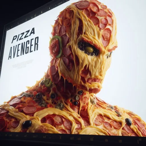 Prompt: A cinematic still of a promo poster containing the text "Pizza Avenger", a hero entirely made of pizza, with impeccable detail, whose entire form is sculpted from pizza elements. Crisp crust delineates his stature, molten cheese flowing as his skin, while various toppings - olives, peppers, and pepperonis - artfully accentuate his facial expressions and body intricacies.