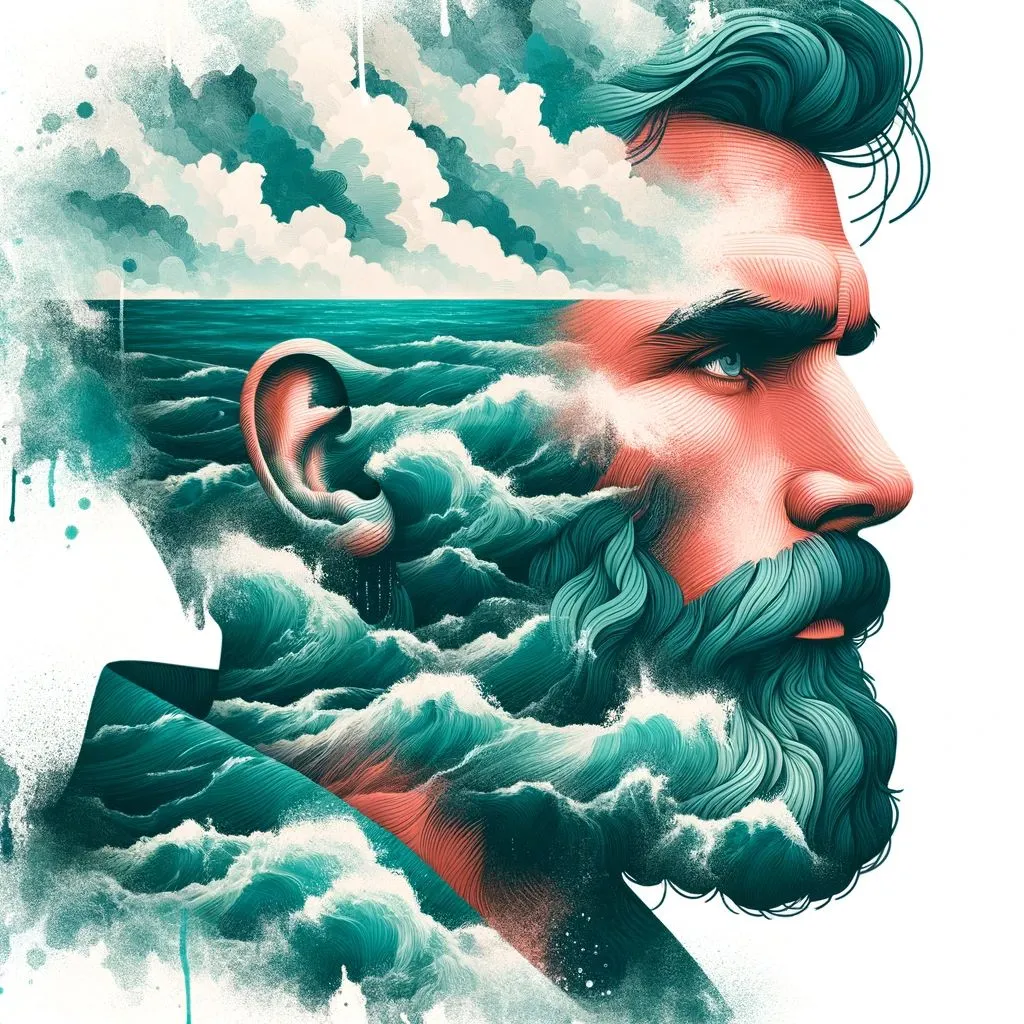 Prompt: Illustration of a sailor with a rugged appearance blending seamlessly into an abstract seascape. The cooler teal shades of the ocean play off the warm undertones of his skin, while coral nuances highlight the details of his face. This union of man and sea symbolizes the connection between tangible reality and ethereal dreams.