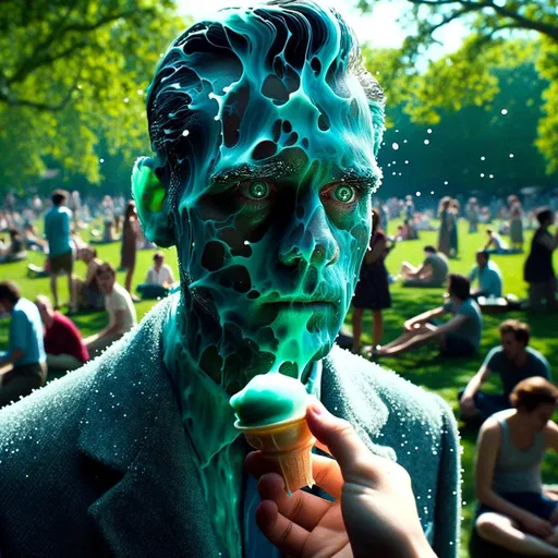 Prompt: Close-up cinematic depiction in a park setting: The same man's silhouette, formed of damp vellum fragments drifting away, stands amidst a crowd enjoying a sunny day in the park. The brilliant teal patterns on his face and torso contrast with the greenery around. His eyes, wide with confusion, meet those of a child offering him an ice cream, while others nearby exchange glances of sympathy and uncertainty. The emotional exchange and sense of disorientation become the central theme.