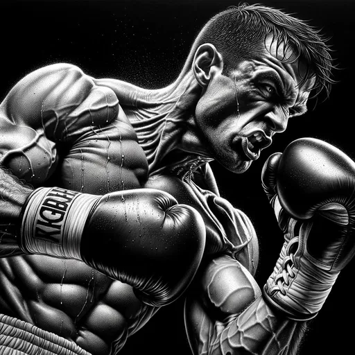 Prompt: Ultra-photorealistic black and white ink art portrayal of a boxer in the midst of delivering a powerful punch. The muscles, tension, and sweat are intricately detailed, revealing the intensity of the moment. The boxing gloves, the boxer's determined eyes, and the reaction of the opponent all come together to tell a story of strength, skill, and split-second decisions.