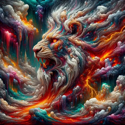 Prompt: Abstract Expressionism painting of an extremely detailed portrait of a lion. The backdrop is an untamed wilderness of paint, where traditional forms are abandoned for raw emotion. Torrents of lava-like reds flow, while bolts of lightning in neon yellows zigzag around. Ethereal clouds of turquoise and violet envelope the scene, creating pockets of mystery. Odd, fantastical beings seem to dance and merge in this wild tableau, but the lion, in its intricate detail, remains an oasis of clarity.