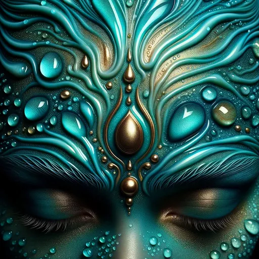 Prompt: Color Palette: Predominantly turquoise, with subtle hints of gold. The image contains various shades ranging from deep, oceanic turquoise to lighter, aqua shades. The color is radiant, capturing the essence of light and luminosity in a photo-realistic quality.  Forehead Details: The skin of the forehead has a mesmerizing deep turquoise tone with intricate, detailed patterns resembling ripples or waves. The center of the forehead has a contrasting gold emblem or tattoo, adding depth and intrigue.  Surrounding Texture: Encasing the forehead, there are water droplets or dew formations. This watery texture gives a sense of freshness and enhances the theme of an ocean or aquatic environment. The sharpness and clarity of these droplets further emphasize the focus on minute details.  Lighting: The image uses dramatic lighting, highlighting the surface of the forehead and the droplets. This results in a glossy effect, especially evident on the skin, lending it a refreshed or hydrated look.  Depth & Focus: The depth of field is shallow, with the main focus on the center of the forehead and the immediate surrounding area, causing the peripheral sections to gradually blur, drawing the viewer's attention straight to the forehead.  Mood & Atmosphere: The overall style exudes a sense of calm, serenity, and perhaps even a touch of mysticism. The aquatic theme, combined with the intense glow, might evoke emotions of tranquility, meditation, and introspection.