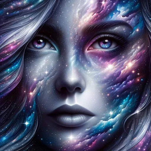 Prompt: Artwork where the boundaries between an artist and a mesmerizing galaxy scene are elegantly fused. The starry patterns of the cosmos smoothly transition into the shimmer of her eyes, using similar sparkling patterns. A color palette of deep purples, blues, and silvers is consistent across both the facial features and the cosmic elements. Starlight reflections on her face act as transitional elements, suggesting a deep connection between her and the vast universe. Gradient effects in her hair offer a nebula-like appearance, emphasizing the union of the artist with the cosmic textures. The overall artwork shuns sharp transitions, highlighting the cohesive integration of the subjects.