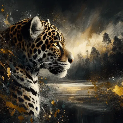 Prompt: Dark, moody background with vibrant splashes of deep yellow and silvers frames a majestic jaquar. Realistic detailing on the jaguar contrasts with the abstract, painterly backdrop, enhanced by distant forest and a luminous lulabies, combining hyper-realism with atmospheric expressionism