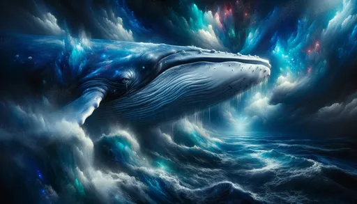 Prompt: Close-up perspective against a dark, moody background with vibrant and saturated splashes of deep ocean blues and silvery hues, highlighting the features of the massive blue whale. Realistic detailing on the blue whale contrasts with the abstract, painterly backdrop, enhanced by distant oceanic depths and a glowing marine life, combining hyper-realism with atmospheric expressionism.