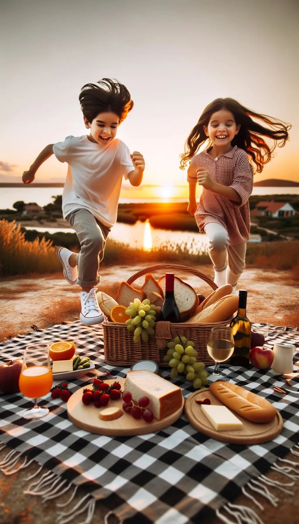 Prompt: Two-Shot of playful children running around a picnic spot with a basket containing sandwiches, fruits, cheese, and wine on a checkered blanket, with the orange hues of a setting sun reflecting on a nearby beach.