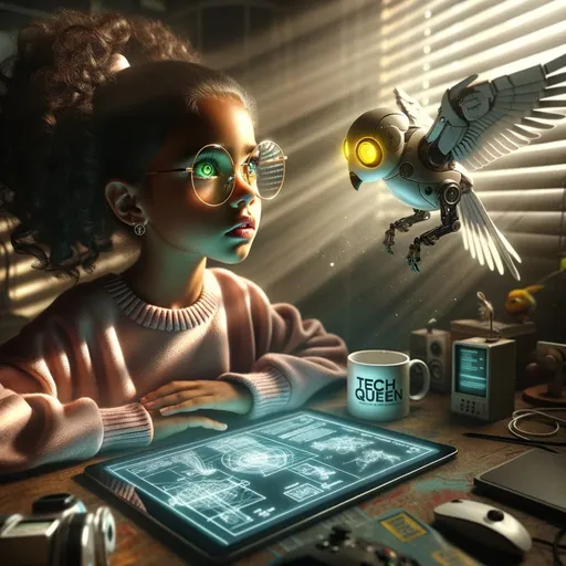 Prompt: A photograph of a young girl, absorbed in a holographic projection. Her green eyes, magnified by her oversized glasses, radiate wonder. Her mocha skin is illuminated by the projection's light, and her curly dark hair is tied in a high ponytail. She holds a digital tablet showcasing blueprints, seemingly related to the projection. To her left, a robotic bird with yellow luminous eyes hovers, its wings spread wide. Other tech gadgets and a mug labeled 'Tech Queen' rest on a metal desk. Sunbeams pierce through blinds, juxtaposing the room's technological aura with nature's warmth. The scene blends youthful discovery with futuristic technology.