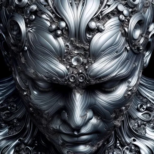 Prompt: Color Palette: Predominantly silver, the image contains various shades ranging from deep, metallic silvers to lighter, shiny silvers. Subtle accents of midnight blue and soft white complement the dominant color, capturing the essence of light and luminosity.  Forehead Details: The surface of the forehead is a mesmerizing deep silver with intricate, detailed patterns resembling metal plates or sheets. The temples contrast with the center of the forehead, and contain a small reflection, adding depth and realism.  Surrounding Texture: Surrounding the forehead, there appear to be metallic or steel formations. This solid texture gives a sense of strength and enhances the theme of machinery or industry. The sharpness and clarity of these formations further emphasize the focus on minute details.  Forehead Edges: Notably, the edges of the forehead seem to be sleek or polished, further amplifying the industrial theme.  Lighting: The image uses dramatic lighting, highlighting the surface of the forehead and the metal formations. This results in a glossy effect, especially evident on the forehead's surface, lending it a modern look.  Depth & Focus: The depth of field is shallow, with the main focus on the center of the forehead and the immediate surrounding area, causing the peripheral sections to gradually blur, drawing the viewer's attention straight to the forehead.  Mood & Atmosphere: The overall style exudes a sense of innovation, precision, and perhaps even a touch of futurism. The industrial theme, combined with the sleek appearance, might evoke emotions of progress, technology, and advancement.