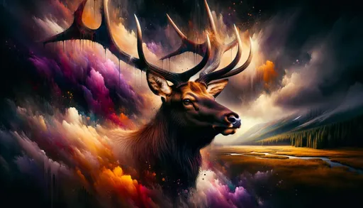 Prompt: Prominent close-up set against a dark, moody background with vibrant splashes of amber and violet, focusing on the majestic elk. Realistic detailing on the elk contrasts with the abstract, painterly backdrop, enhanced by distant meadows and a luminous rainbow, combining hyper-realism with atmospheric expressionism.