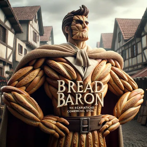 Prompt: A cinematic still of a detailed commercial advertisement featuring the "Bread Baron". He stands heroically against a rustic European village backdrop. Crafted with precision, his form is made of various bread types: sturdy baguettes for limbs, soft brioche for skin, and intricate details like sesame seeds and grains enhancing his facial and body details. The name "Bread Baron" is prominently displayed above him in an elegant font, emphasizing his dominance in the world of bread heroes.
