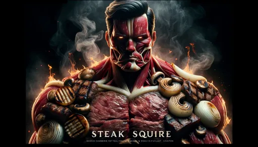 Prompt: A cinematic still of a hyper-realistic commercial advertisement for the "Steak Squire", a hero crafted from the finest cuts of steak. Against a smoky grill backdrop, the marbling, sear marks, and juices of steaks like ribeye and fillet mignon are rendered in incredible detail, defining his robust form. Grilled onions, translucent with charred edges, and mushrooms, with their earthy texture, emphasize his facial intricacies. The name "Steak Squire" is prominently displayed at the top of the poster in a sizzling, hearty font.