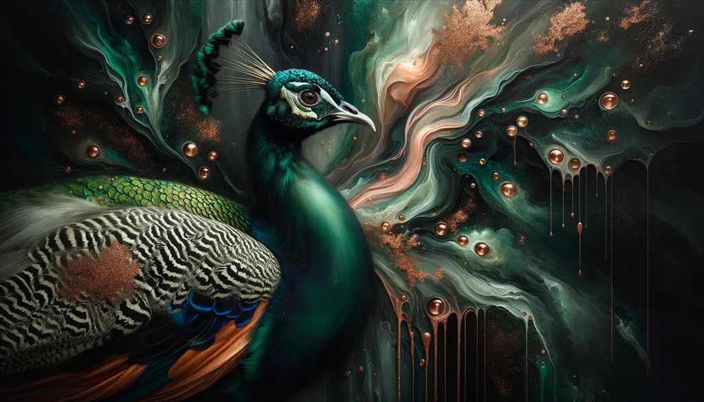 Prompt: A regal peacock stands against a dark, moody background with vibrant splashes of emerald greens and shimmering coppers. Realistic detailing on the peacock contrasts with the abstract, painterly backdrop, accentuated by cascading liquid copper patterns and subtle firefly glimmers, emphasizing hyper-realism and atmospheric expressionism.