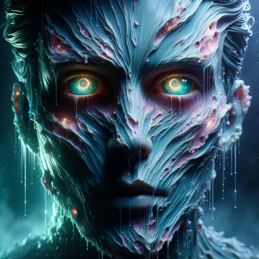 Prompt: Cinematic depiction with a 'wow' effect: In a twilight atmosphere, focus on the entire head of a man partially formed from wet vellum shards. These shards, peeling off, expose alien luminous teal textures on his face. His deep-set eyes, originally of human essence, metamorphose into radiant gold with bluish-pink hues, featuring extraterrestrial helical motifs. The entirety of his face, framed by his hair and features, evokes wonder and curiosity, surrounded by an aura of mystique.