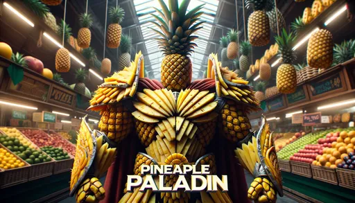 Prompt: A cinematic still of a hyper-realistic commercial advertisement set in a vibrant fruit market. At the center is the "Pineapple Paladin", a hero meticulously crafted from various cuts of pineapples. The golden chunks and thorny exterior form his muscular physique, while the leafy crown becomes his regal helmet. His superhero equipment includes a shield shaped like a pineapple slice. Dominating the top is a title text, highlighting the name "Pineapple Paladin" in bold, epic-looking font.