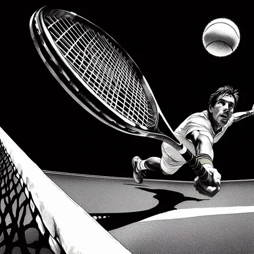 Prompt: black and white ink art portraying a tennis player at the zenith of his game, captured from a low angle to emphasize the ball's height and the player's reach. On a pristine court, the player lunges forward, racket outstretched, trying to reach a ball that seems just out of grasp. The taut strings of the racket, the grip's texture, and the player's intense expression tell a story of agility, precision, and the split-second decisions that define the game.