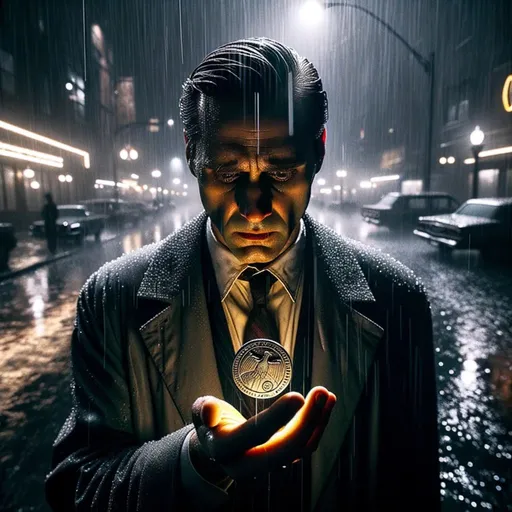 Prompt: Cinematic neopunk still depiction on Gotham's street: Harvey Dent stands under a dim streetlight, his face revealing a stark contrast between luminance and signs of severe distress. As rain drizzles, a coin with neopunk etchings spins from Harvey's hand, the wet ground reflecting its glow.