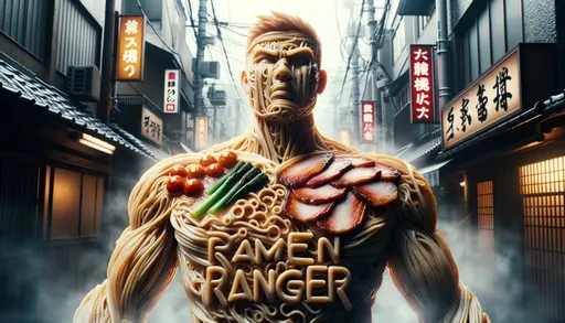 Prompt: A cinematic still of a hyper-realistic commercial advertisement for the "Ramen Ranger", a hero constructed from intricately detailed ramen elements. Set against a misty Tokyo alley, every strand of noodle, with its glossy texture, and the shimmering broth showcase his physique. Chashu pork, with visible grill marks, and bamboo shoots, with their unique fibrous texture, detail his facial features. The name "Ramen Ranger" is prominently displayed at the top of the poster in a steaming, savory font.