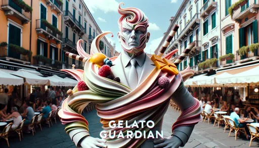 Prompt: A cinematic still of a hyper-realistic commercial advertisement for the "Gelato Guardian", in a vibrant stance within a bustling Italian piazza during summer. His form, detailed with a swirl of multiple gelato flavors like stracciatella, mango, and raspberry, exudes coolness. Chocolate sticks and fruit toppings give life to his facial features. Above him, the name "Gelato Guardian" is prominently written in a smooth, frosty font.