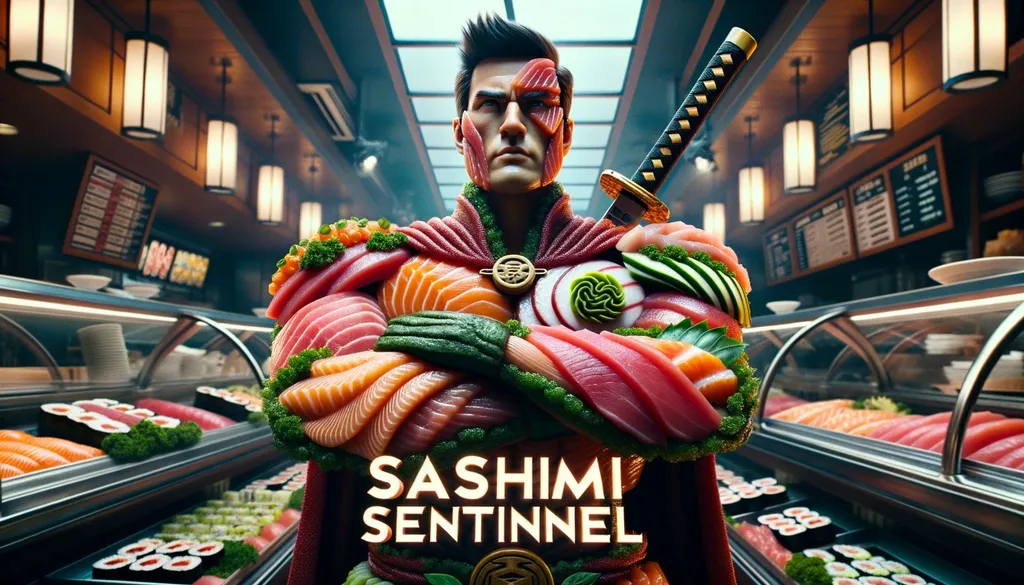 Prompt: A cinematic still of a hyper-realistic commercial advertisement set in a bustling sushi bar. The hero, "Sashimi Sentinel", takes center stage, carved from various types of sashimi - tuna, salmon, and yellowtail. The vibrant colors and delicate textures capture his essence, with wasabi and ginger detailing his facial features. His superhero equipment includes a katana made from a sushi roll. A title text, showcasing the name "Sashimi Sentinel", stands out at the top in an epic-looking font.