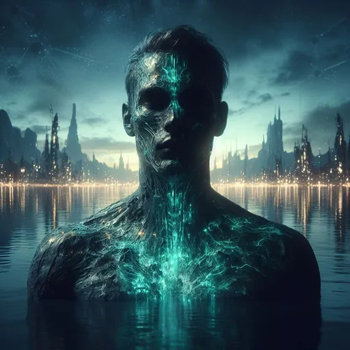 Prompt: Cinematic portrayal in a dusky ambiance with a magnificent backdrop: Present the full stature of a man from head to legs, partially crafted from damp vellum fragments, set against a backdrop of a distant, glowing alien metropolis, casting shimmering reflections on a tranquil body of water. As these fragments drift away, they unveil otherworldly glowing teal patterns across his face, upper body, and legs. The detailed contours of his face, the strength evident in his torso