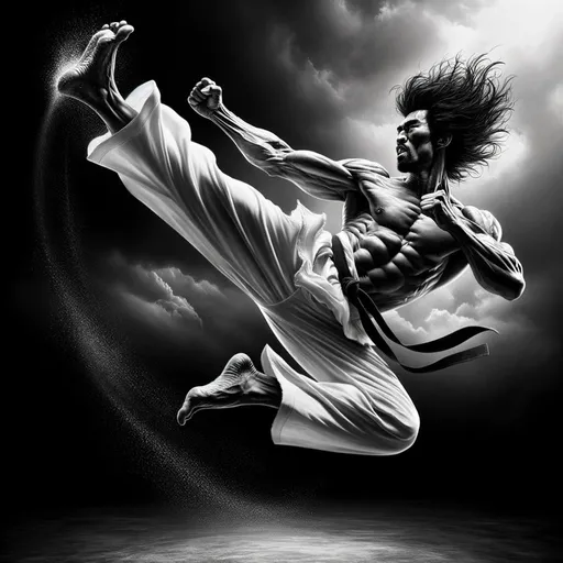 Prompt: Ultra-photorealistic black and white ink art portrayal of a martial artist, reminiscent of 'The Dragon', in mid-air, executing a signature flying kick. The dynamism of the move, the flexed muscles, and the anticipation are intricately showcased. The scene captures the spirit of agility, precision, and the essence of martial arts mastery.