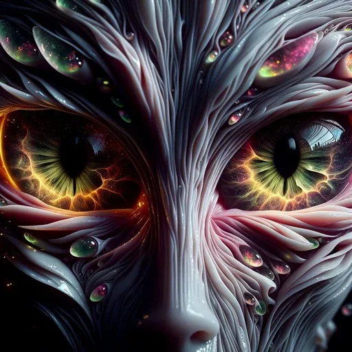 Prompt: Cinematic visualization: In a twilight setting, emphasize the enthralling eyes of a lady entirely made from wet paper pieces. These pieces, detaching, reveal alien iridescent greenish textures. Her intense eyes, originally human, evolve into soft-glowing amber greenish pink alien pupils with swirling designs, evoking an aura of the unknown.
