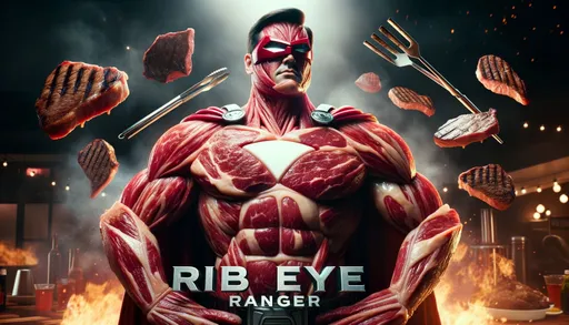 Prompt: A cinematic still of a hyper-realistic commercial advertisement against a sizzling BBQ party backdrop. The "Ribeye Ranger" stands confidently, sculpted entirely from prime ribeye steaks, marbled fat detailing his muscles. The grill marks and juicy textures emphasize his stature and facial intricacies. His superhero equipment features a pair of tongs and a grill shield. A title text prominently highlighting the name "Ribeye Ranger" is placed at the top in an epic-looking font.