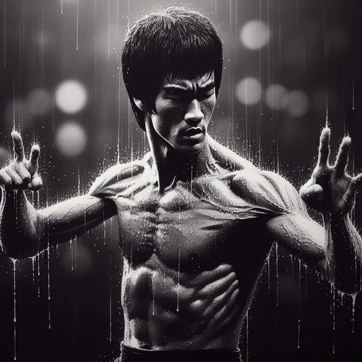 Prompt: Crafted with the precision of a cinematic frame,this ultra-photorealistic black and white ink art plunges viewers into the depths of Bruce Lee's dojo background. Bruce stands poised in an epic initial fighting stance, every muscle coiled in readiness. The beads of sweat on his intensely focused face are layered meticulously, catching reflections and shadows, making it the undeniable focal point. This harmonious balance of elements paints a picture of tranquility