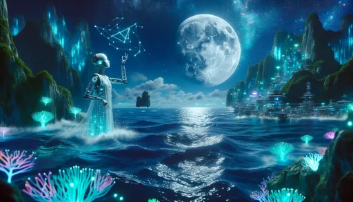 Prompt: A photograph of a vast digital ocean under a moonlit night. The water, with its deep blue and turquoise shades, ripples under the lunar glow. Rising from the depths, a robotic mermaid with opalescent eyes sings a haunting melody, her tail shimmering with bioluminescence. Around her, holographic coral reefs and underwater mountains form a mesmerizing seascape. Above, digital constellations tell tales of ancient mariners, with a sign labeled 'Lunar Lagoon' floating amidst the stars. Far away, a futuristic island with luminous palm trees and structures is visible. The shot focuses intensely on the mermaid, highlighting her ethereal beauty, while the vast ocean and island serve as a backdrop, making her the stunning focal point.