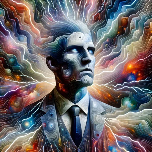 Prompt: an ethereal businessman's face, enveloped in gradient-micro-lightning. The environment around him blends inspirations from Abstract Expressionism, Cubism, Psychedelic, and Chiaroscuro art, weaving them into a slightly more intricate tapestry.