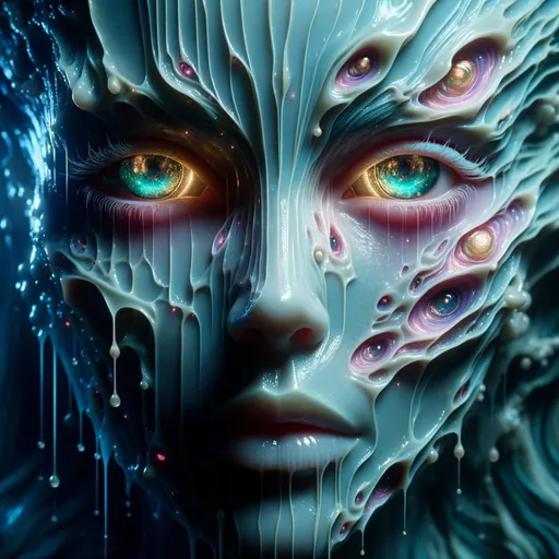 Prompt: Cinematic depiction with a 'wow' effect: In a twilight atmosphere, focus on the entire head of a lady partially formed from wet vellum shards. These shards, peeling off, expose alien luminous teal textures on her face. Her deep-set eyes, originally of human essence, metamorphose into radiant gold with bluish-pink hues, featuring extraterrestrial helical motifs. The entirety of her face, framed by her hair and features, evokes wonder and curiosity, surrounded by an aura of mystique.