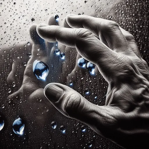 Prompt: Photorealistic black and white ink art of a hand reaching out to touch raindrops on a window pane. The skin's texture on the hand is captured with intense realism, revealing every wrinkle and crease. The blueish raindrops' magnification effect on the scene outside, a cityscape, creates a poignant moment of reflection and connection.