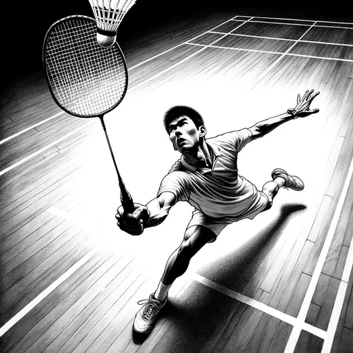 Prompt: black and white ink art portraying a badminton player at the zenith of his game, captured from a low angle to emphasize the shuttlecock's height and the player's reach. On a pristine court, the player lunges forward, racket outstretched, trying to hit a shuttlecock that seems just out of grasp. The taut strings of the racket, the grip's texture, and the player's intense expression tell a story of agility, precision, and the split-second decisions that define the game.