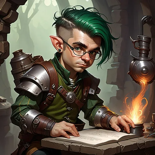 Prompt: dungeons and dragons fantasy art halfling male artificer with dark green hair workshop tinkerer