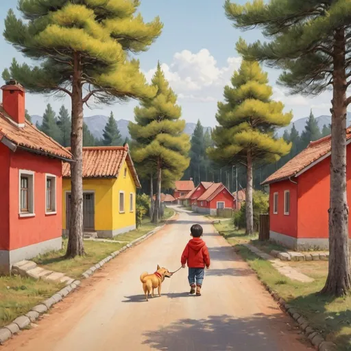 Prompt: A small boy was walking on the road, followed by a small yellow dog. There were some low trees on both sides of the road. There were ten low red tiled houses in the village. There were some small yards in front of the houses. Covered with low pine trees.
