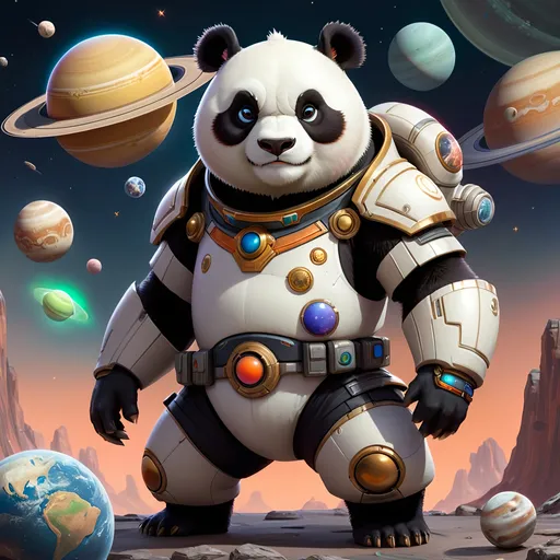 Prompt: One space warrior panda, with saturn and other planets around him, with valorant game references