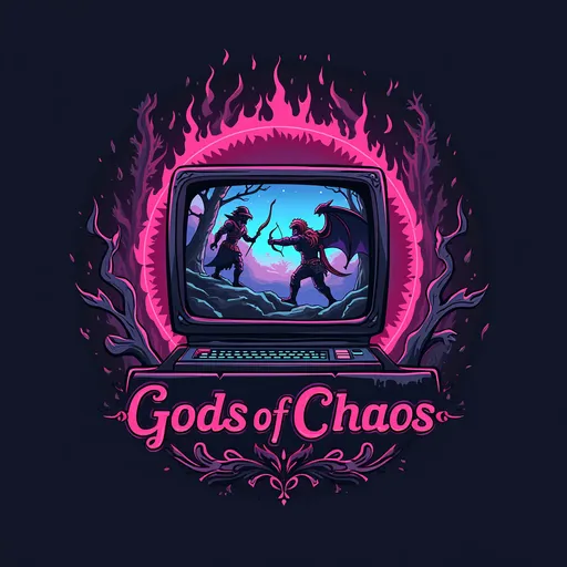 Prompt: a discord logo for the clan GodsOfChaos a clan on idle clans include the name with neon colors  in the background with a pixelated mage, archer, warrior fighting a dragon  on an old computer screen