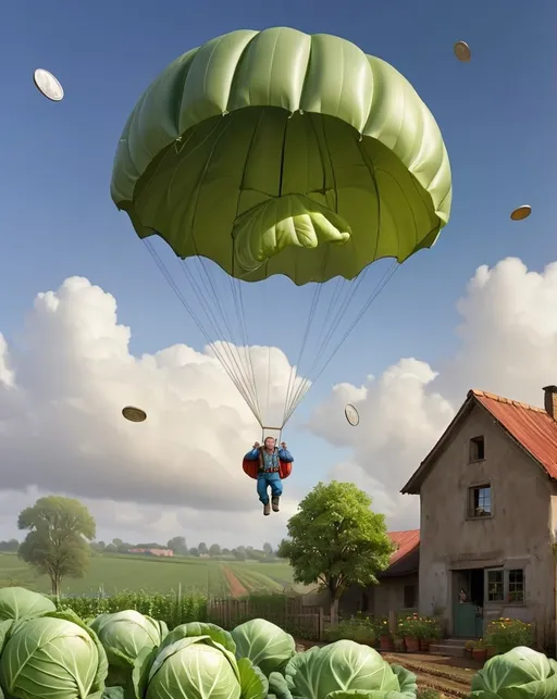 Prompt: a parachute falling down carrying the coin to the cabbage garden where there was a sadly-faced farmer.